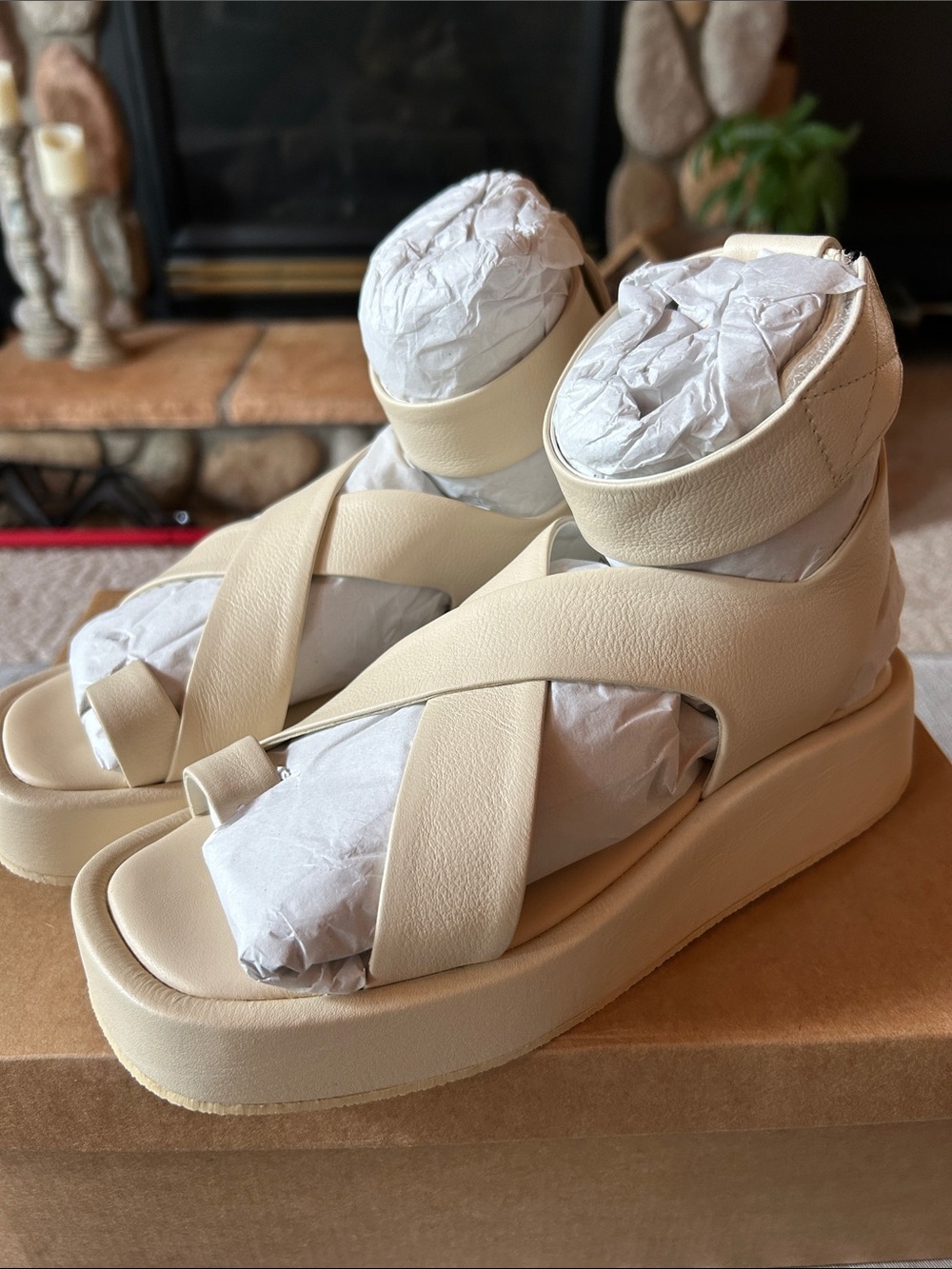 Anthro Cream Platform Toeloop Gladiator Sandals, Size 7, NIB
